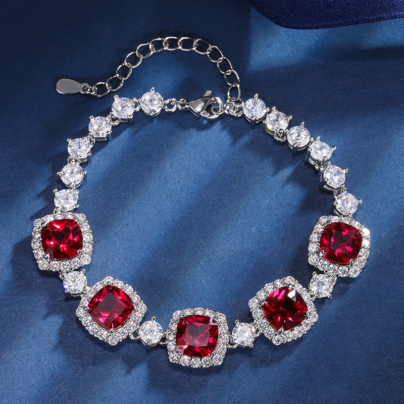 Retro-style Simulated Colored Gemstone Light-luxury Fully Diamond-encrusted Bracelet