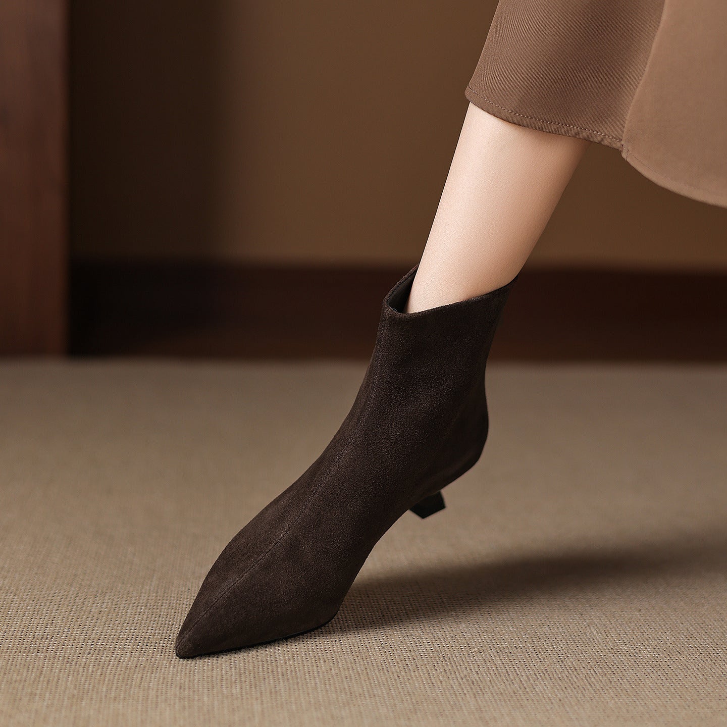 Cowhide Suede Pointed-toe Ankle Boots For Women