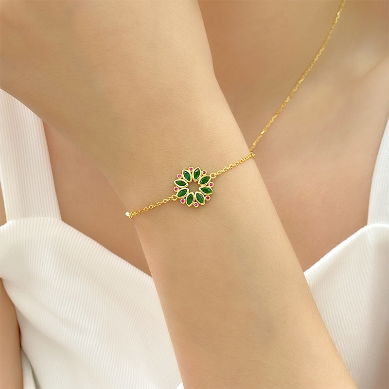 Sterling Silver Luxury High-End Diamond-Inlaid Floral Bracelet