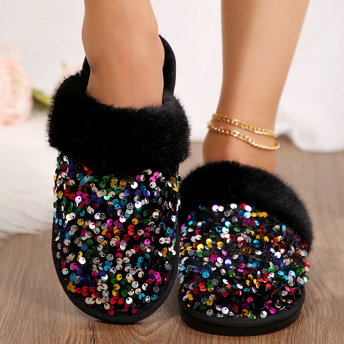 Sequin Flat Plush Slippers For Women