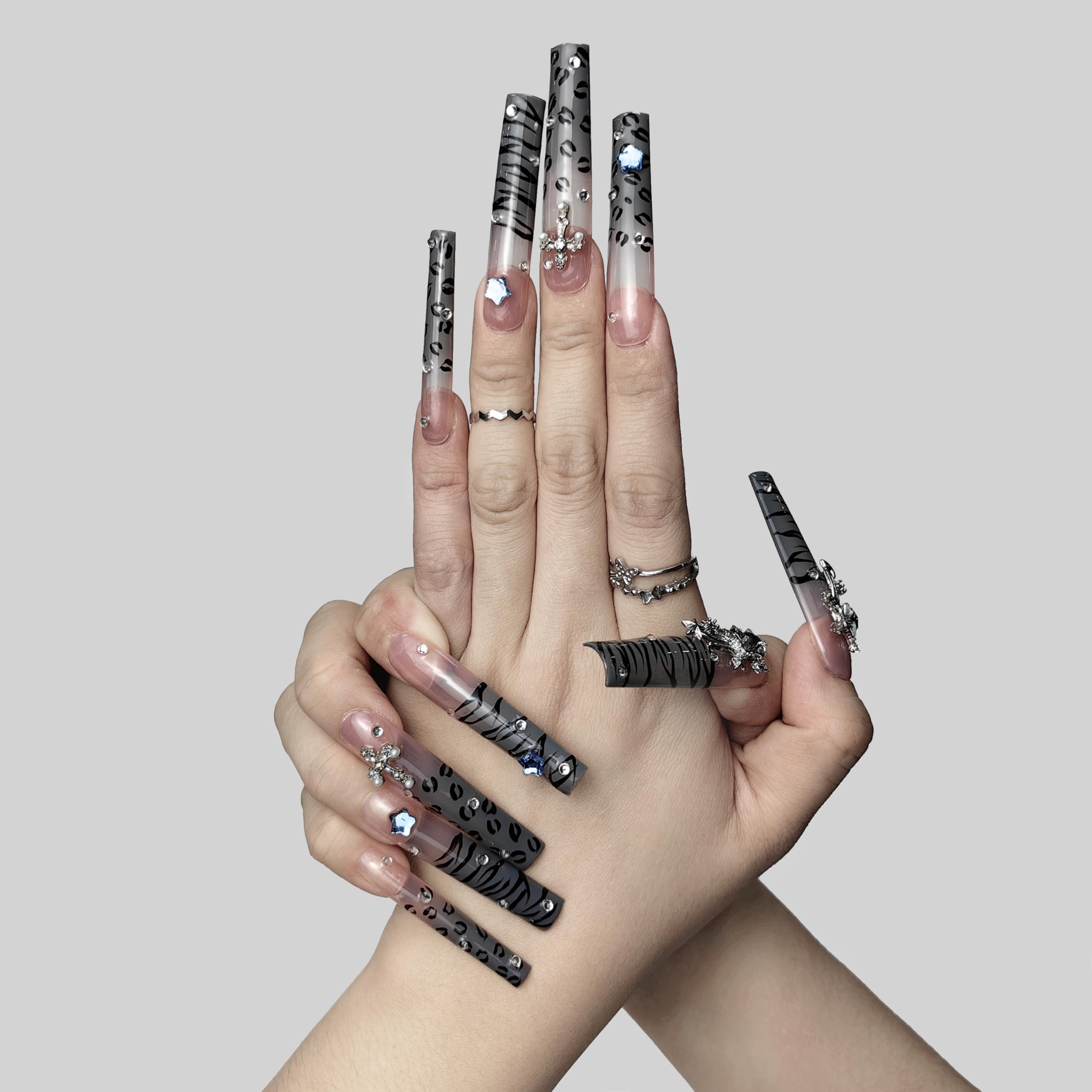 GGddsha Nails 2025 Long Novel Design And Reusable Handmade Nails Pmma Acrylic Nails Press On Nails Kit WithBox Gifts For Women,Stellar Stripe