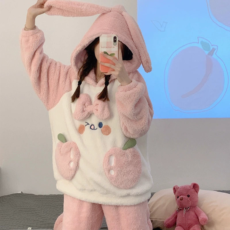 Women's Autumn And Winter Coral Fleece Thickened Winter Hooded Pajamas Plush Suit