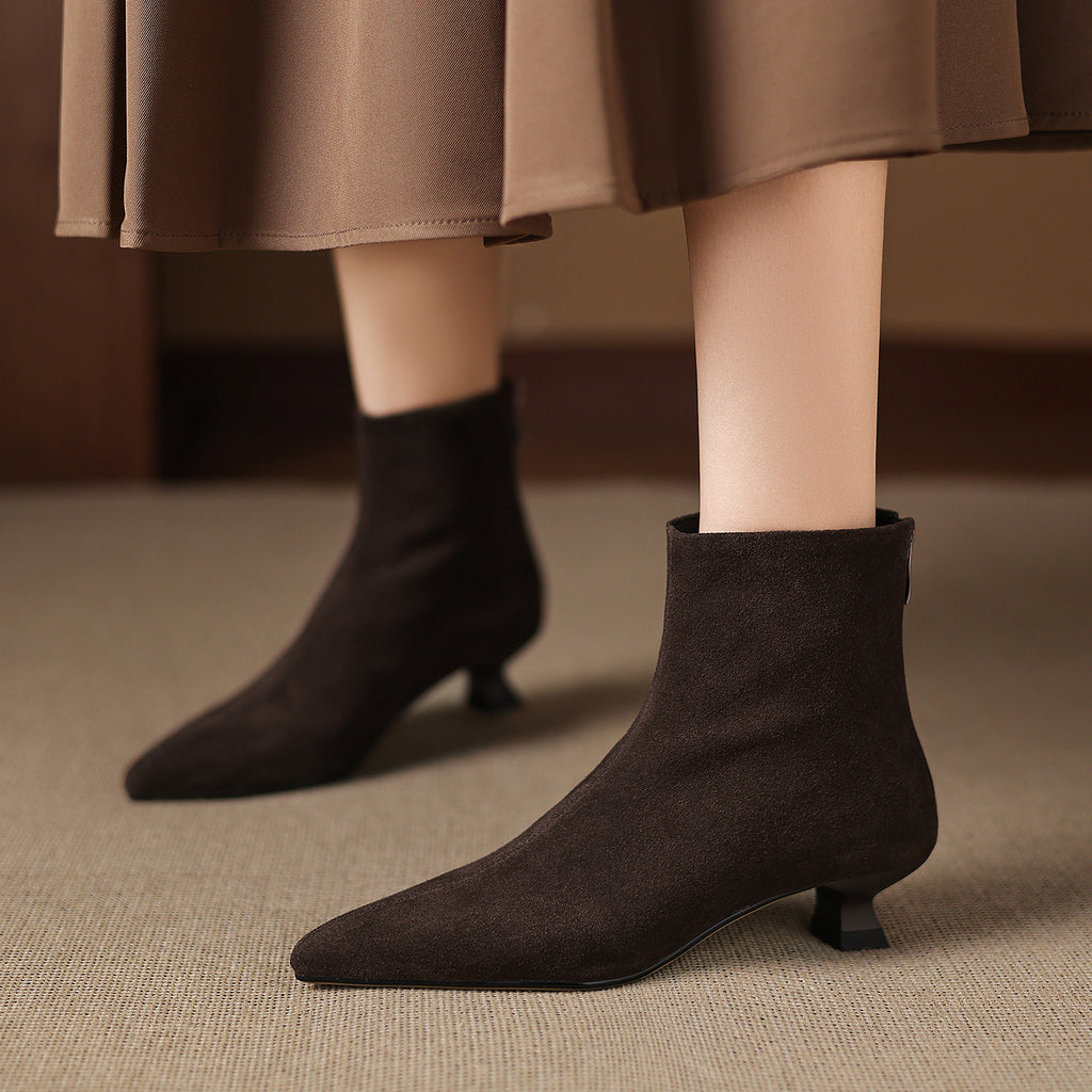 Cowhide Suede Pointed-toe Ankle Boots For Women