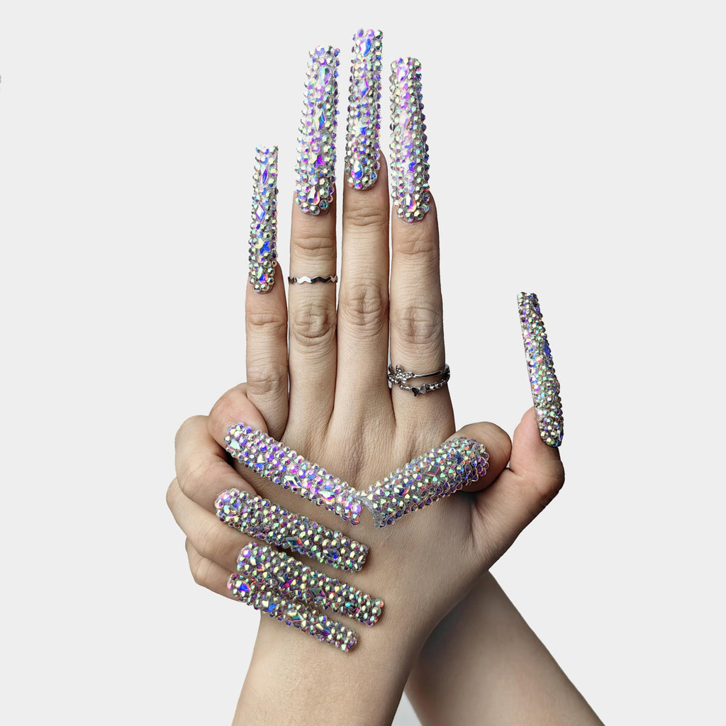 GGddsha 2025 Long Novel Design And Reusable PMMAAcrylic Press On Nails  Handmade Nails Full CoverLuxurious 3D Crystal False Nails With Box Gifts,Stellar Shine