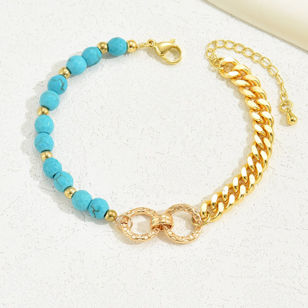 A Creative And Luxurious Instagram Style Double Ring Turquoise Multi Chain Mixed Bead Bracelet For Women's Vacation And Date Gifts