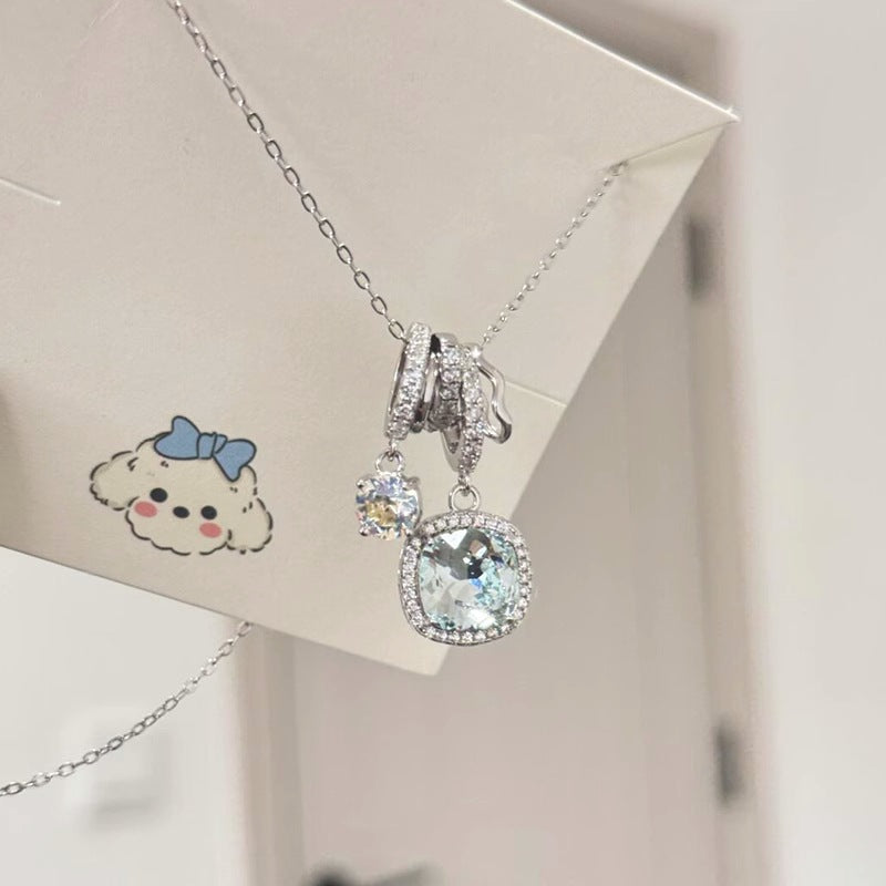S925 Pure Silver Ice-clear Sea Blue Square Zircon Necklace