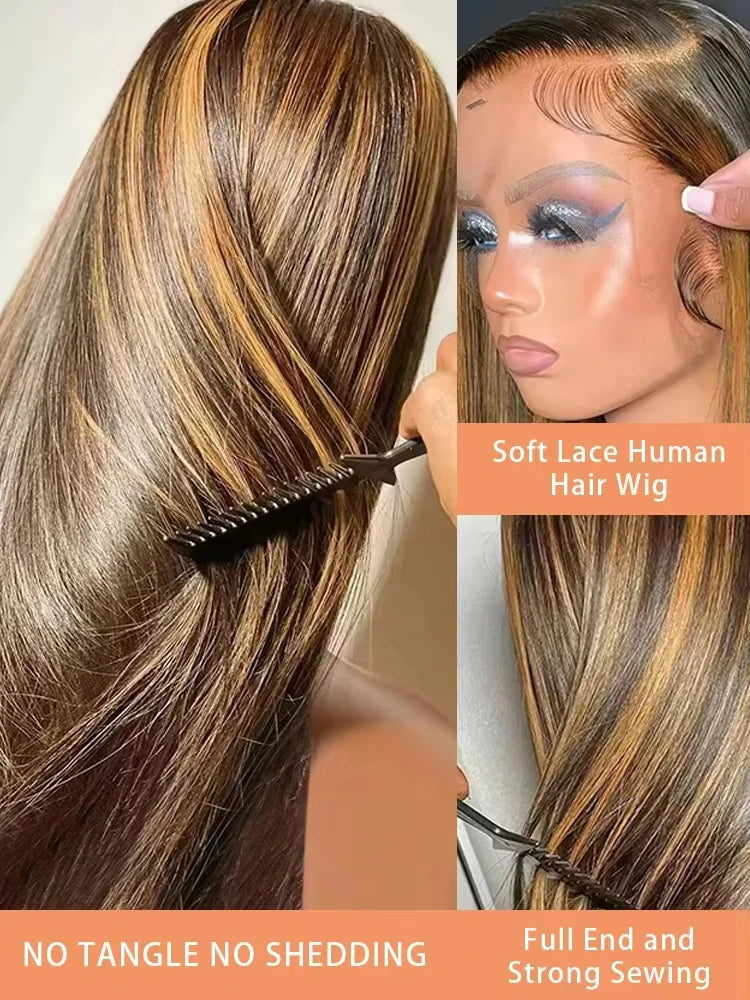 30 40 Inch 4/27 Ombre Brown Highlight 13x6 HD Lace Front Human Hair Wig High Density Bone Straight Colored Lace Frontal Wig