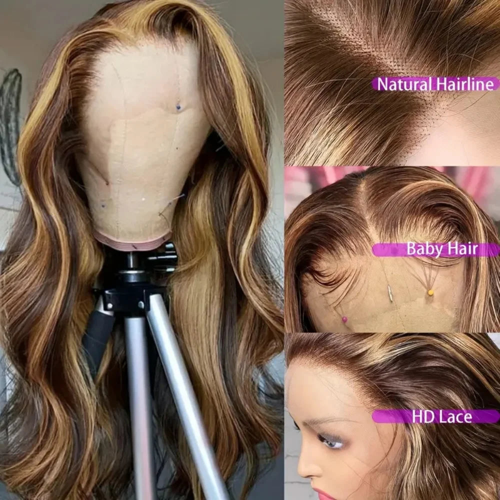 13x4 13x6 HD Lace Front Wigs 220% Density P4/27 Highlight Body Wave Human Hair Wigs 36 Inch Pre Plucked Brazilian Human wigs