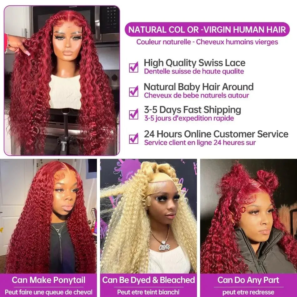 250% Density 99j Burgundy Kinky Curly Wig Human Hair  13x4 13x6 Full Frontal Lace Preplucked Colored Deep Wave Human Hair Wig