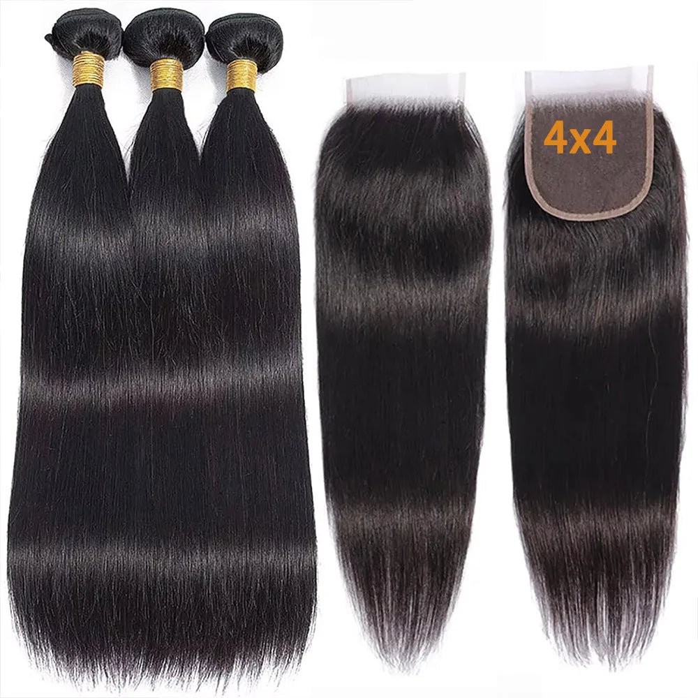 14A Straight Human Hair Bundles Closure 4X4 Lace With Bundles Human Hair Brazilian Raw Hair Bundles 100% Human Hair Extensions