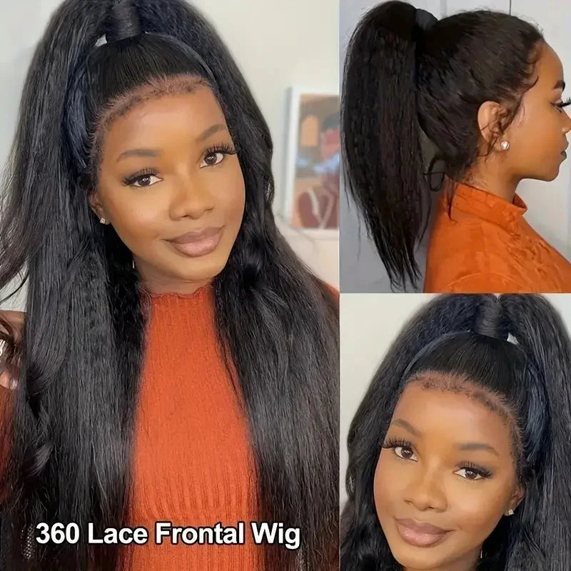Lafino Wig 250 Density Kinky Straight 360 Lace Front Wig Human Hair invisi strap Yaki Straight V Part Wig  Human Hair Brazilian