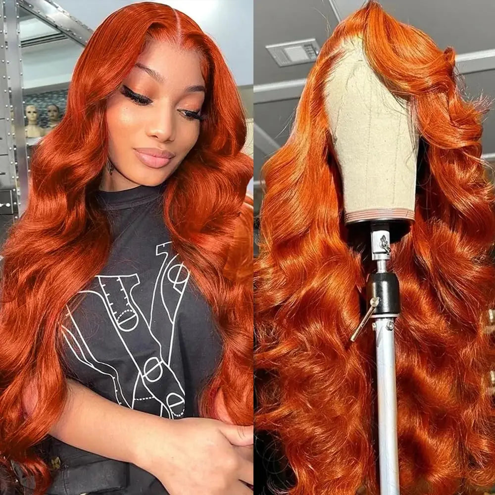 Ginger Orange 36 Inch Lace Front Wigs Human Hair Body Wave 13x6 HD Lace Front Wig Human Hair 180% Density Pre Plucked Remy Hair