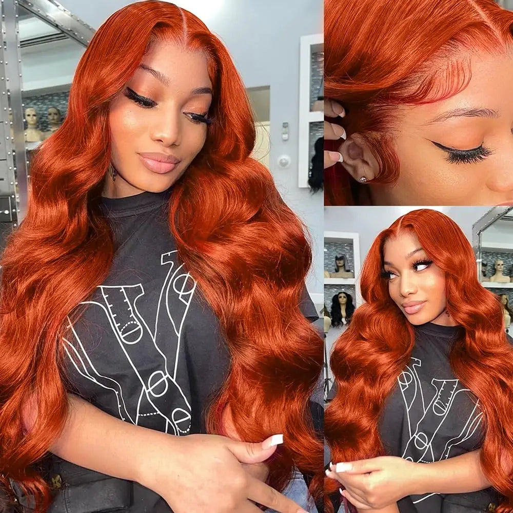 Ginger Orange 36 Inch Lace Front Wigs Human Hair Body Wave 13x6 HD Lace Front Wig Human Hair 180% Density Pre Plucked Remy Hair