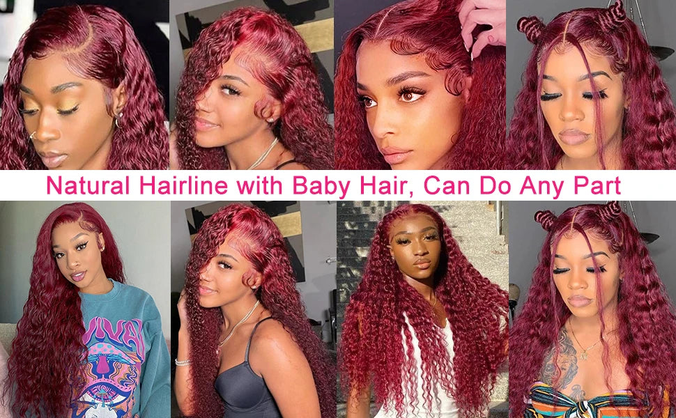 250% Density 99j Burgundy Kinky Curly Wig Human Hair  13x4 13x6 Full Frontal Lace Preplucked Colored Deep Wave Human Hair Wig