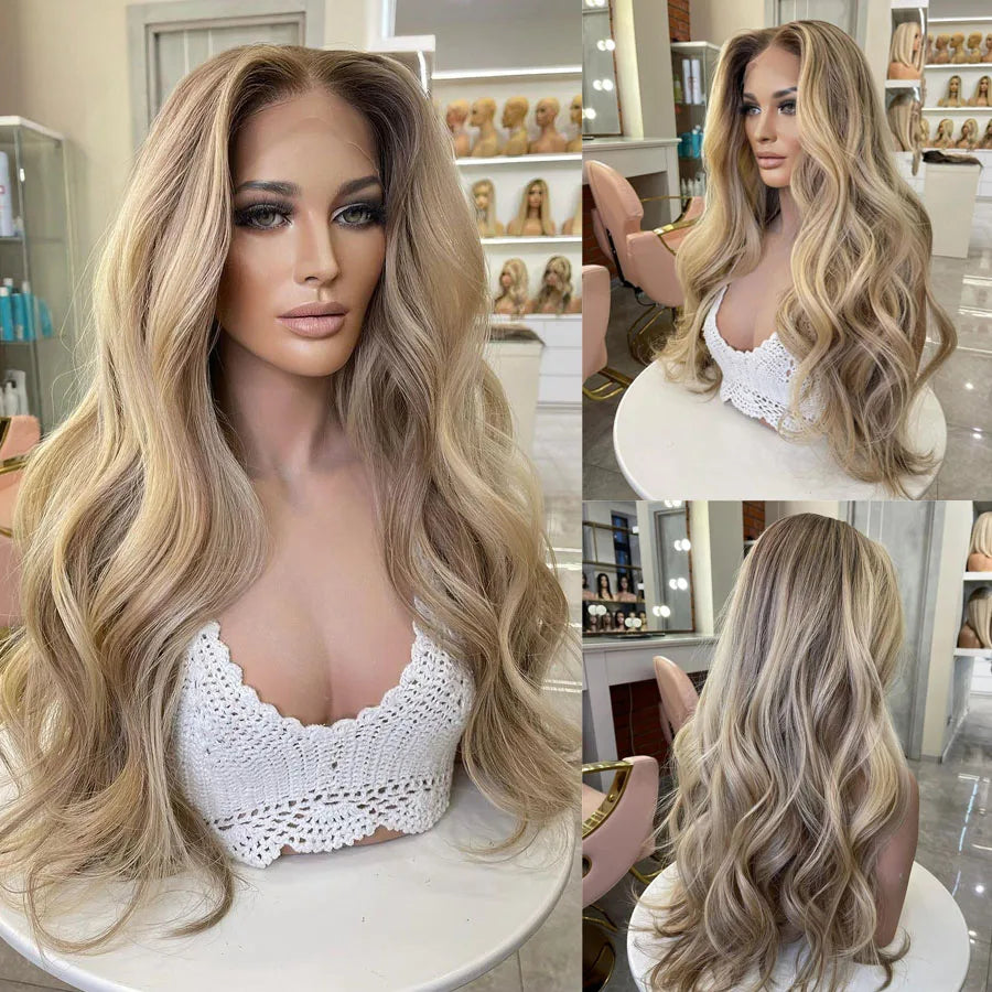 Ash Blonde Body Wave Wigs Human Hair Glueless 150 Density Remy Preplucked Highlight Brown Human Hair Wig 13x6 Lace Frontal Wigs