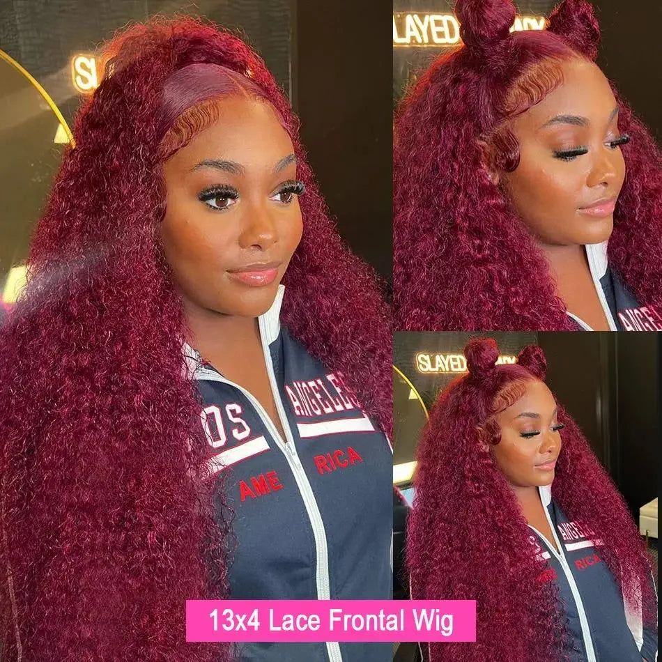 99J Burgundy 250% Density 13x6 Kink Curly Human Hair Wig13x4 Deep Wave HD Lace Frontal Wig Human Hair  For Women Human Hair Wigs