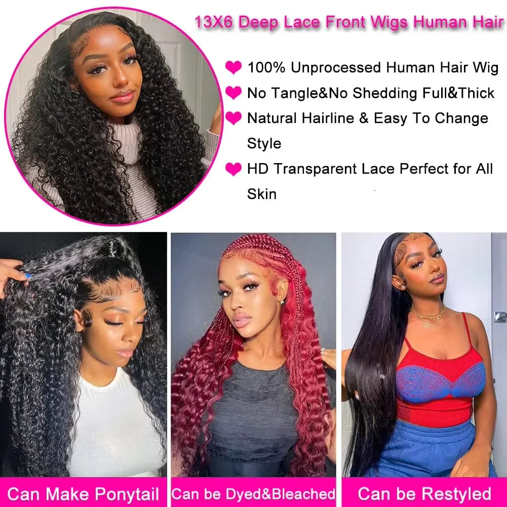 Human Hair Deep Wigs 44 46 inch 13x6 HD Transparent Lace Front PrePlucked Brazilian Deep Wave Lace Frontal Wig with deep Hair