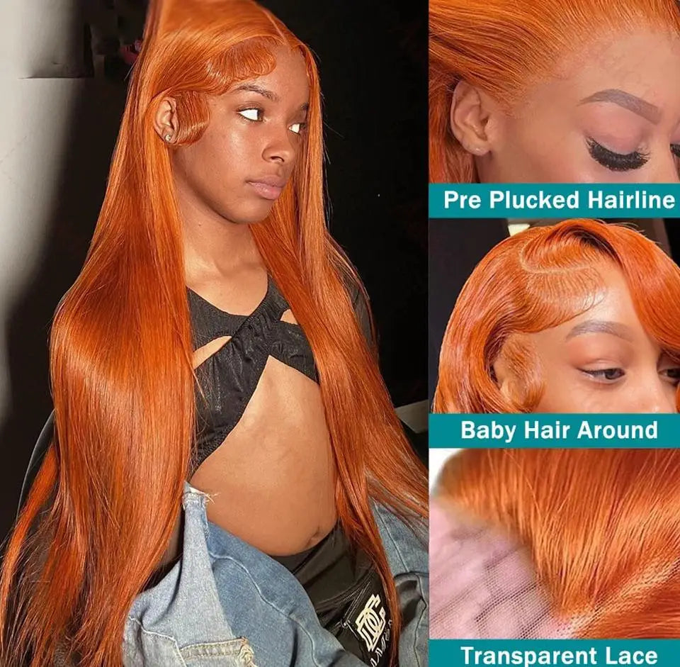 Ginger Wig Human Hair 13x4 Straight Ginger Orange Lace Front Wigs Human Hair Pre Plucked With Baby Hair 250% Density