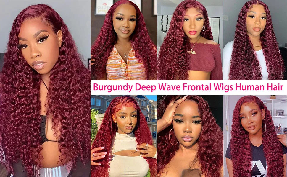 250% Density 99j Burgundy Kinky Curly Wig Human Hair  13x4 13x6 Full Frontal Lace Preplucked Colored Deep Wave Human Hair Wig