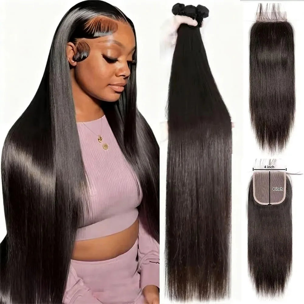 14A Straight Human Hair Bundles Closure 4X4 Lace With Bundles Human Hair Brazilian Raw Hair Bundles 100% Human Hair Extensions