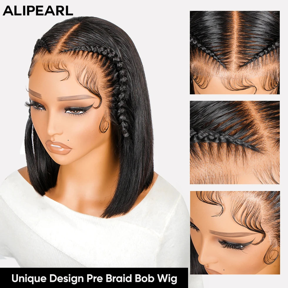 Alipearl Hair Pre Braided Pre Cut Lace Bob Wig Straight Human Hair 13x4 Lace Front Hair 250% Density Bob Wig