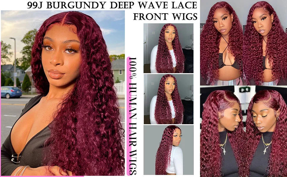 250% Density 99j Burgundy Kinky Curly Wig Human Hair  13x4 13x6 Full Frontal Lace Preplucked Colored Deep Wave Human Hair Wig