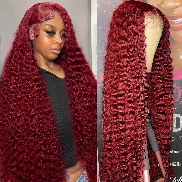 13x6 Hd Lace Front Human Hair Wig Curly Burgundy Wig Red Wigs 40 Inch Transparent Lace Deep Wave Frontal Wig 99j 200 Density