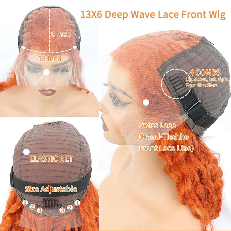 Orange Ginger Lace Front Wig Human Hair 13x6 Deep Wave Lace Front Wigs 38 Inch Water Wave Human Hair Wig Pre Plucked Curly Wigs