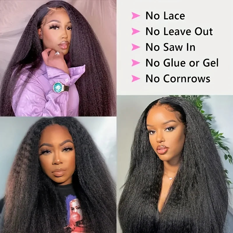 Kinky Straight V Part Wig Glueless Human Hair Wig for Women Natural Black Color No Leave Out Yaki Straight Hair Wig 250% Density