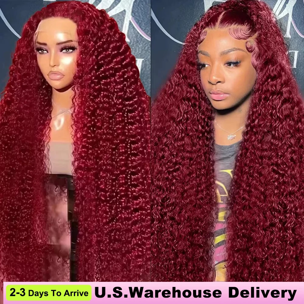 250% Density 99j Burgundy Kinky Curly Wig Human Hair  13x4 13x6 Full Frontal Lace Preplucked Colored Deep Wave Human Hair Wig