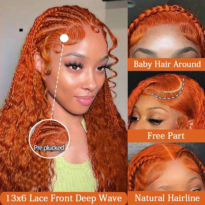 Orange Ginger Lace Front Wig Human Hair 13x6 Deep Wave Lace Front Wigs 38 Inch Water Wave Human Hair Wig Pre Plucked Curly Wigs