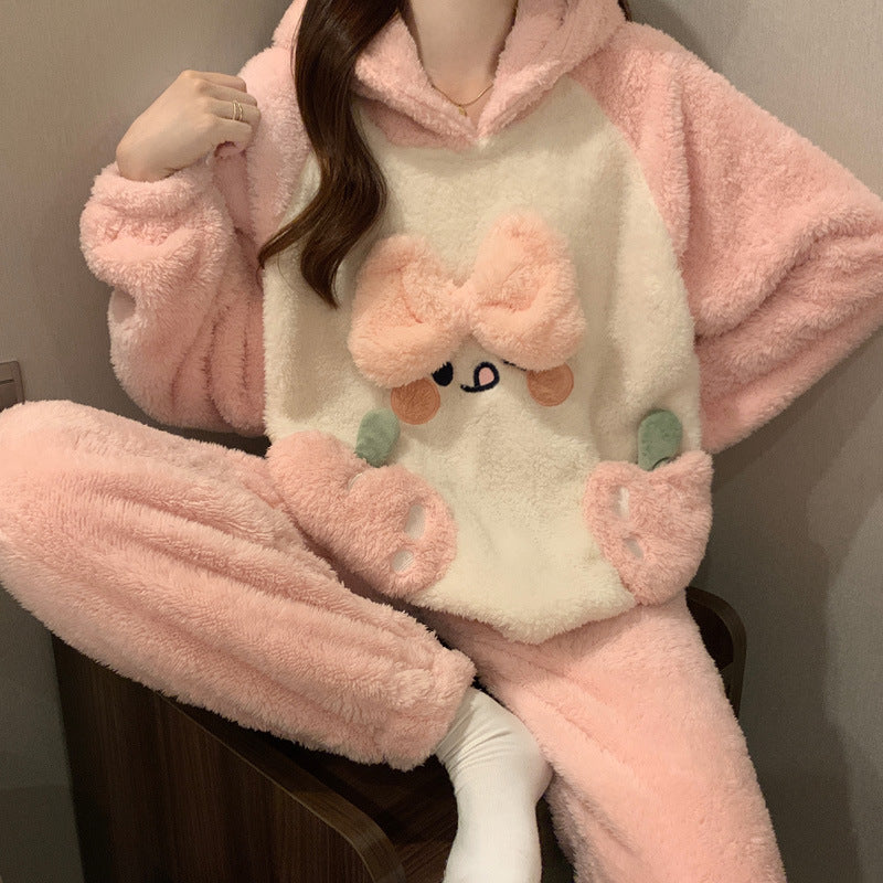 Women's Autumn And Winter Coral Fleece Thickened Winter Hooded Pajamas Plush Suit