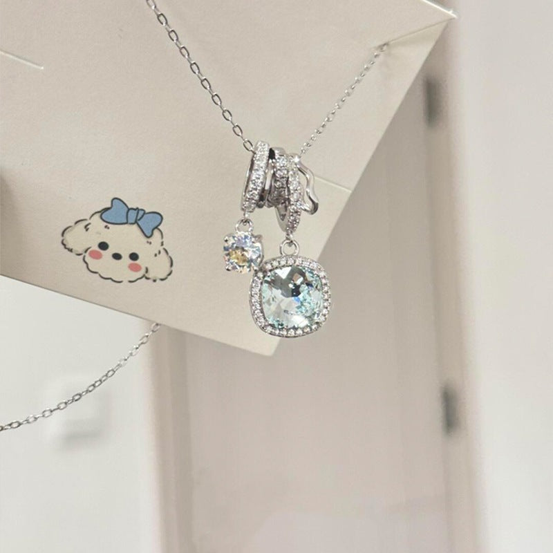 S925 Pure Silver Ice-clear Sea Blue Square Zircon Necklace