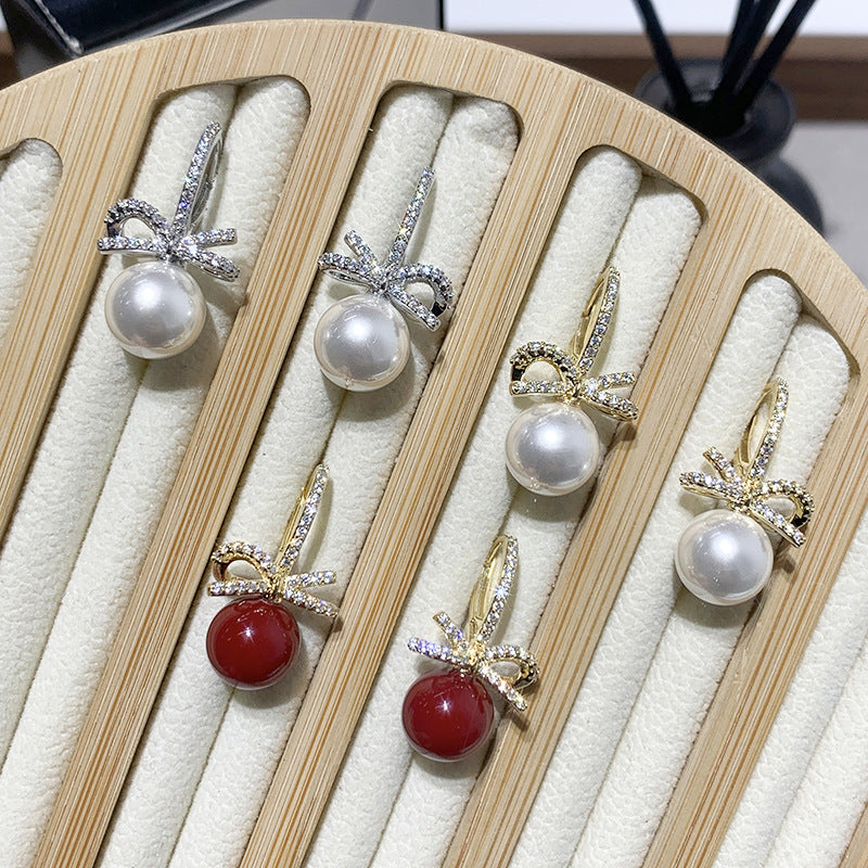 Micro-pave Zircon Bow Pearl Earrings For Women