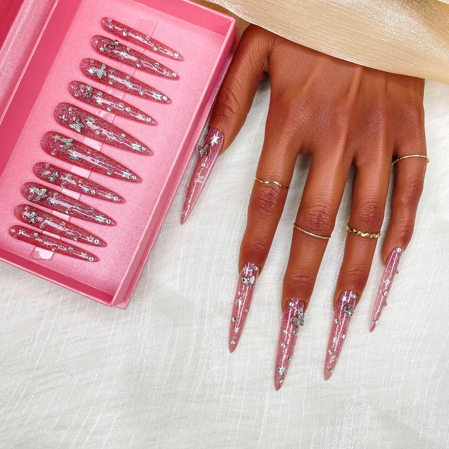 GGddsha 2025 Long Novel Design And Reusable Handmade Nails 10PCS Pmma Acrylic Nails Press OnNails Kit With Box Gifts For Women,Gilded Flutter