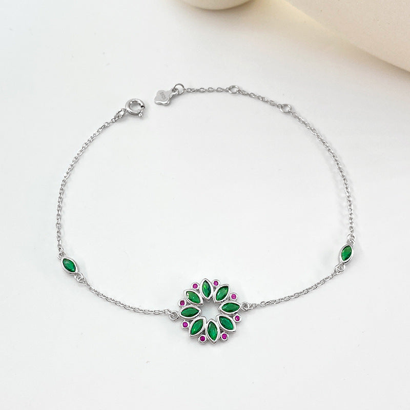 Sterling Silver Luxury High-End Diamond-Inlaid Floral Bracelet