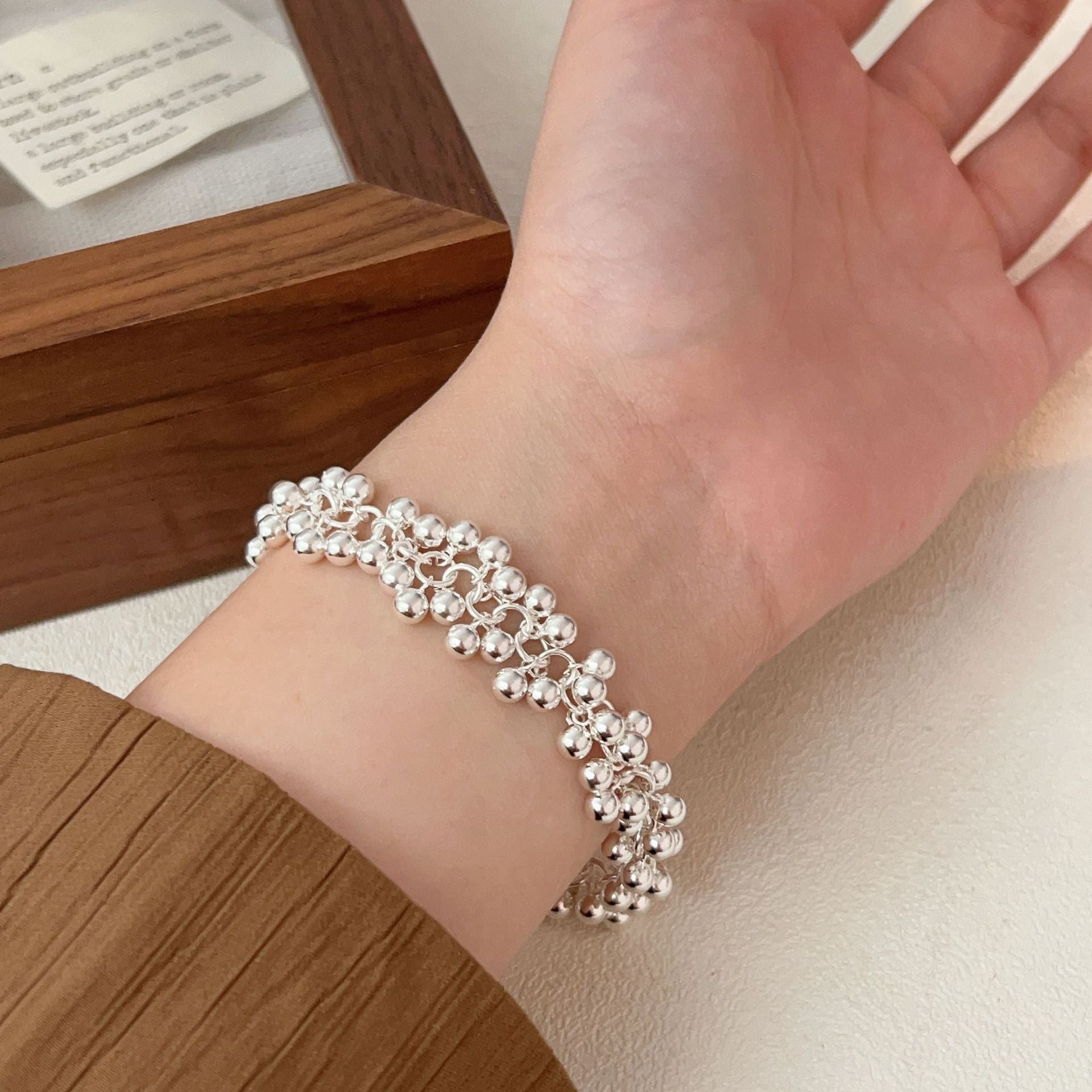 S925 Sterling Silver Grape Cluster Smooth Round Bead Bracelet For Women