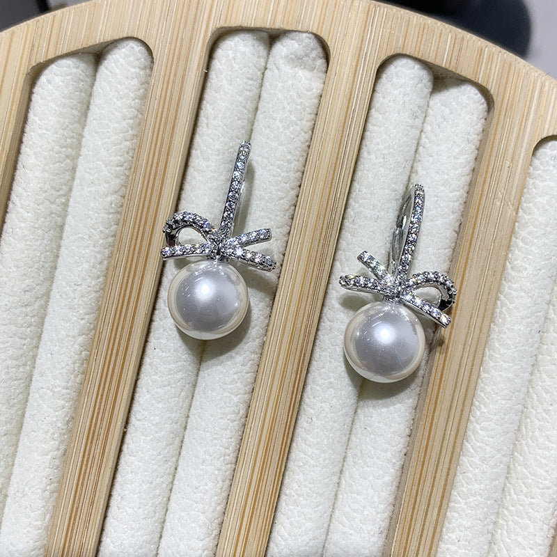 Micro-pave Zircon Bow Pearl Earrings For Women