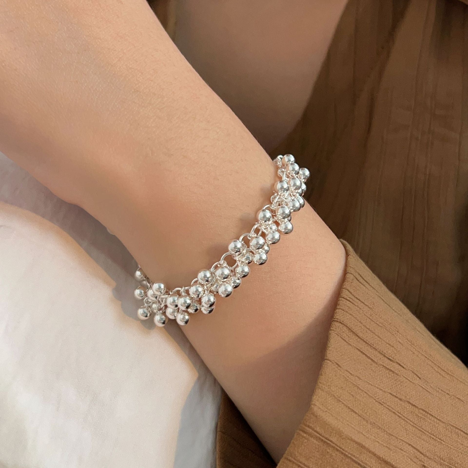 S925 Sterling Silver Grape Cluster Smooth Round Bead Bracelet For Women
