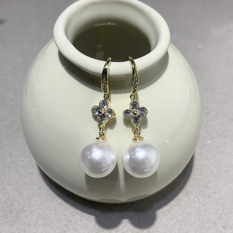 French Elegant Micro Inlaid Sparkling Diamond Pearl Earrings